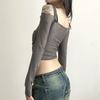 European and American style summer new women's clothing solid color slim-fitting navel street fashion one-word collar long-sleeved T-shirt