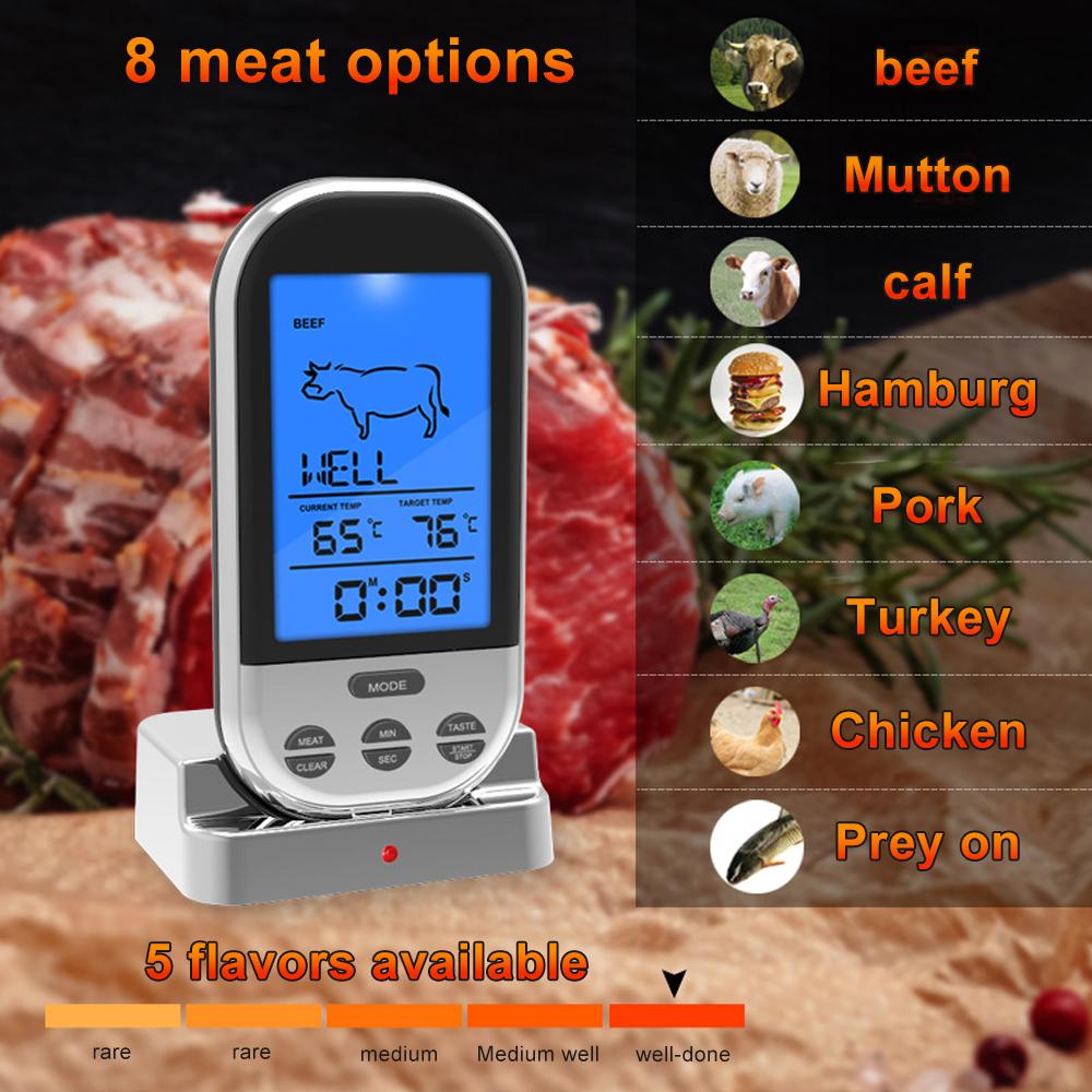 Trådlös Digital Sond Kötttermometer för Grill Rökare BBQ Mat Ugnstermometer med Timer Larm Köksmatlagningsverktyg
