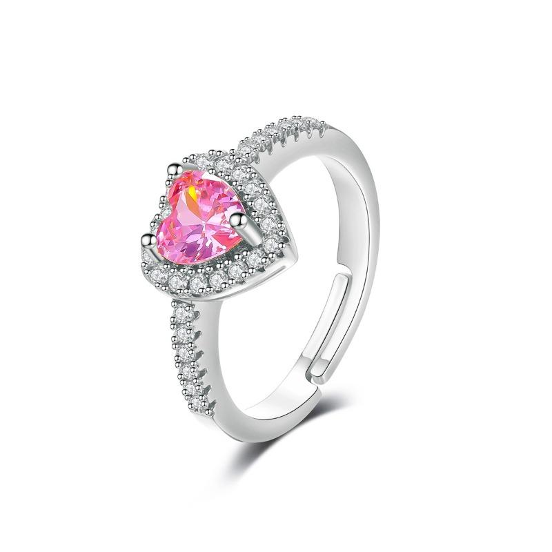Luxury Pink Micro Zircon Heart Shaped Adjustable Ring for Women Exquisite Silver Color Metal Young Girls Party Jewelry resizable серебряный