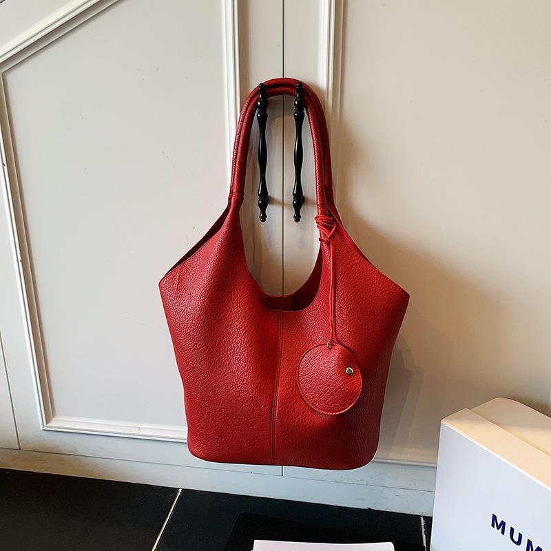 Premium Lazy Wind Tote Bag Women's New Trendy Portable Casual Litchi Pattern Shoulder Bucket Bag