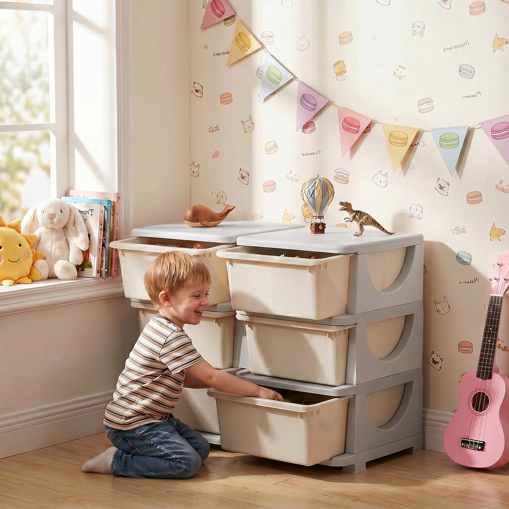 3-Tier Children's Toy Organizer with 6 Drawers, Plastic Storage Boxes, 75x37x56.5cm, Cream