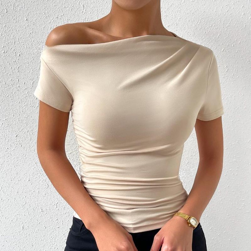 Spring and Summer Solid Colour Fashion Slim Drawstring Irregular Collar Short Sleeve T-Shirt Top