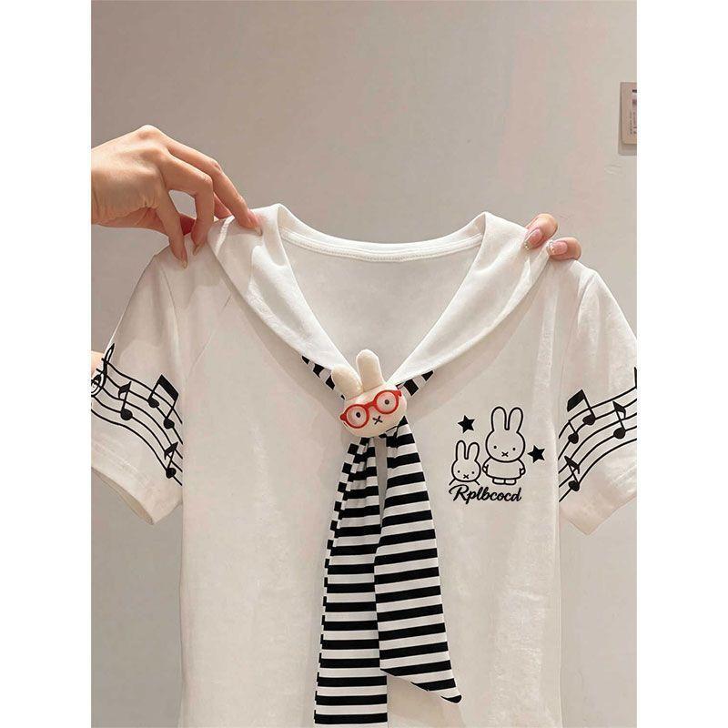 Sweet shawl navy collar short-sleeved t-shirt women's summer design is unique and beautiful, age-reducing wear and chic tops are trendy
