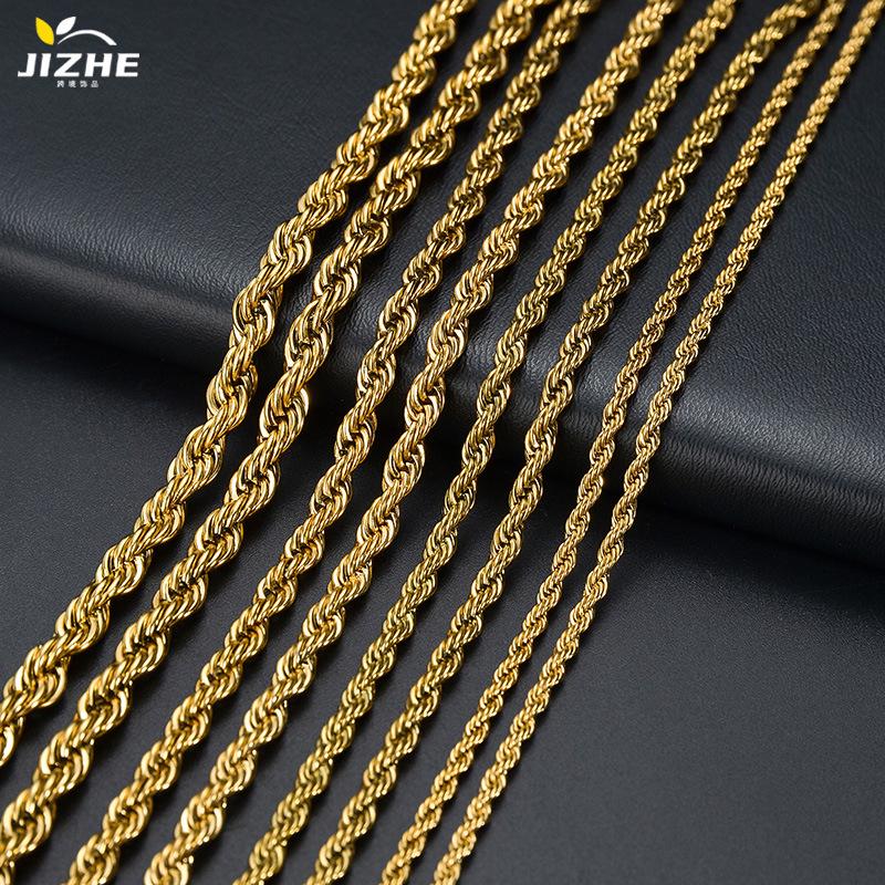 

18K Gold Plated Men s Rope Chain Necklace, Stainless Steel Twisted Design 3mm width, 60cm length - Steel
