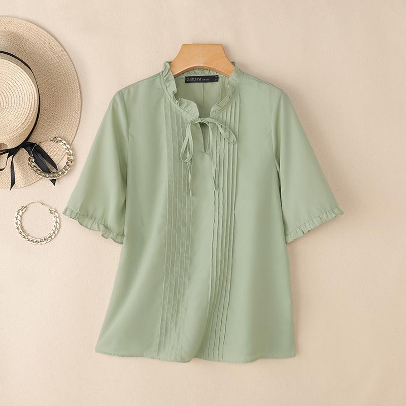 ZANZEA Women Elegant Lace-Up Round Neck Summer Casual Half Sleeve Blouse
