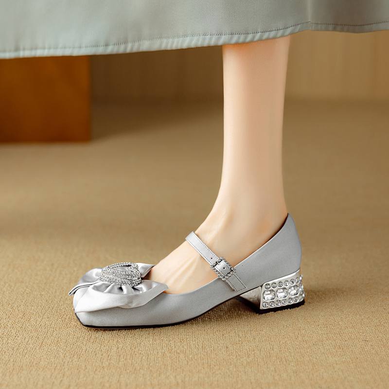 Krazing Pot Sheepskin Stain Summer Size 40 Crystal Med Heels Butterfly-knot Oriental Design Square Toe Elegant Wedding Pumps