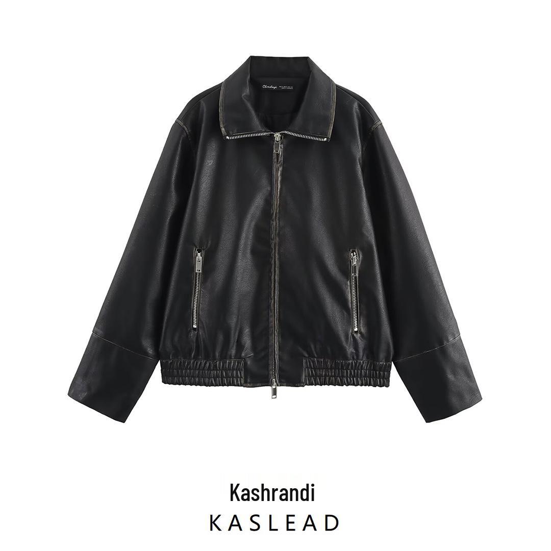 

2024 Women s European & American Style Leather Long Sleeve Turn-Down Collar Jacket XS чорний