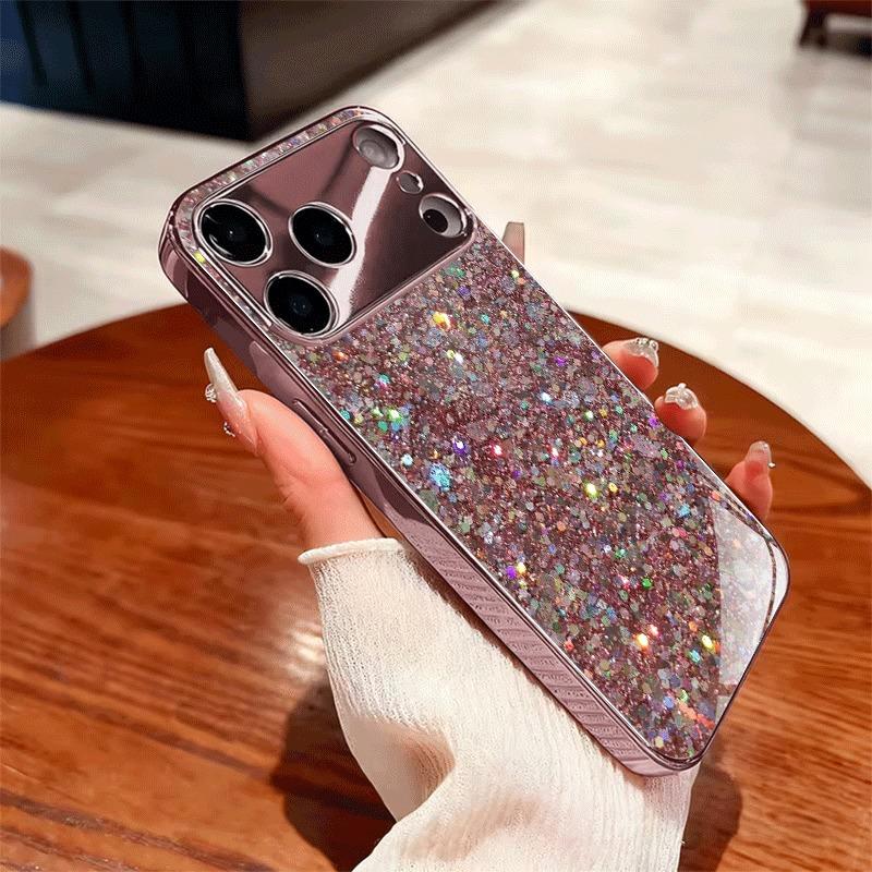 Pink Glitter Pattern Metallic Tempered Glass Phone Case For iPhone 17 16 15 14 13 12 11 Pro Max 15 14 Plus 17 Air 16E Cover