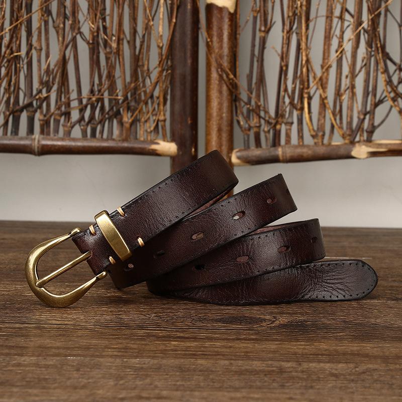 2024 Leather Belt Women'S Trend Versatile Personality Pleated Retro First Layer Cowhide Jeans Belt Women
