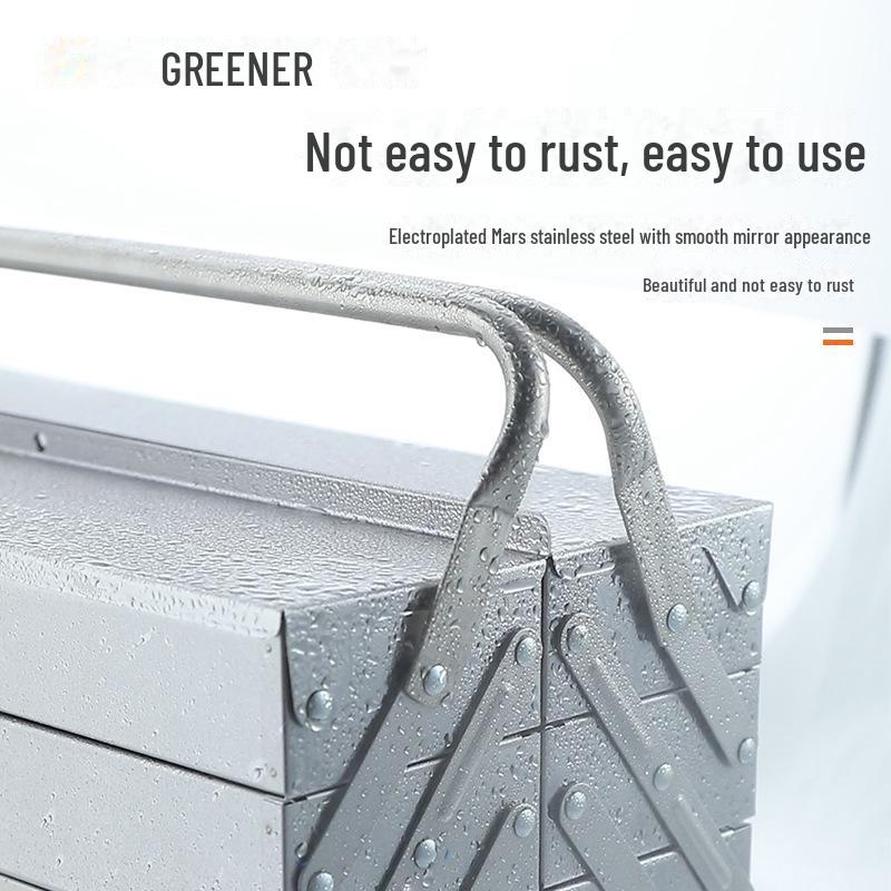 Forest Green Stainless Steel Three-Layer Folding Tool Box - Large, Portable, Industrial-grade Storage for Home and Car.