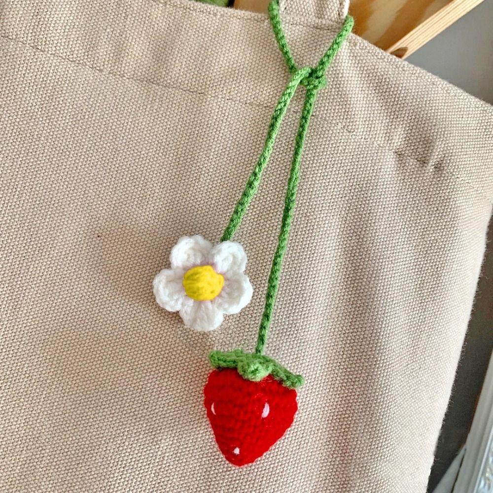 8Styles Knitted Car Rearview Mirror Hanging Ornament Car Interior Decoration Strawberry Pendant Daisy Lanyard Bag Pendant