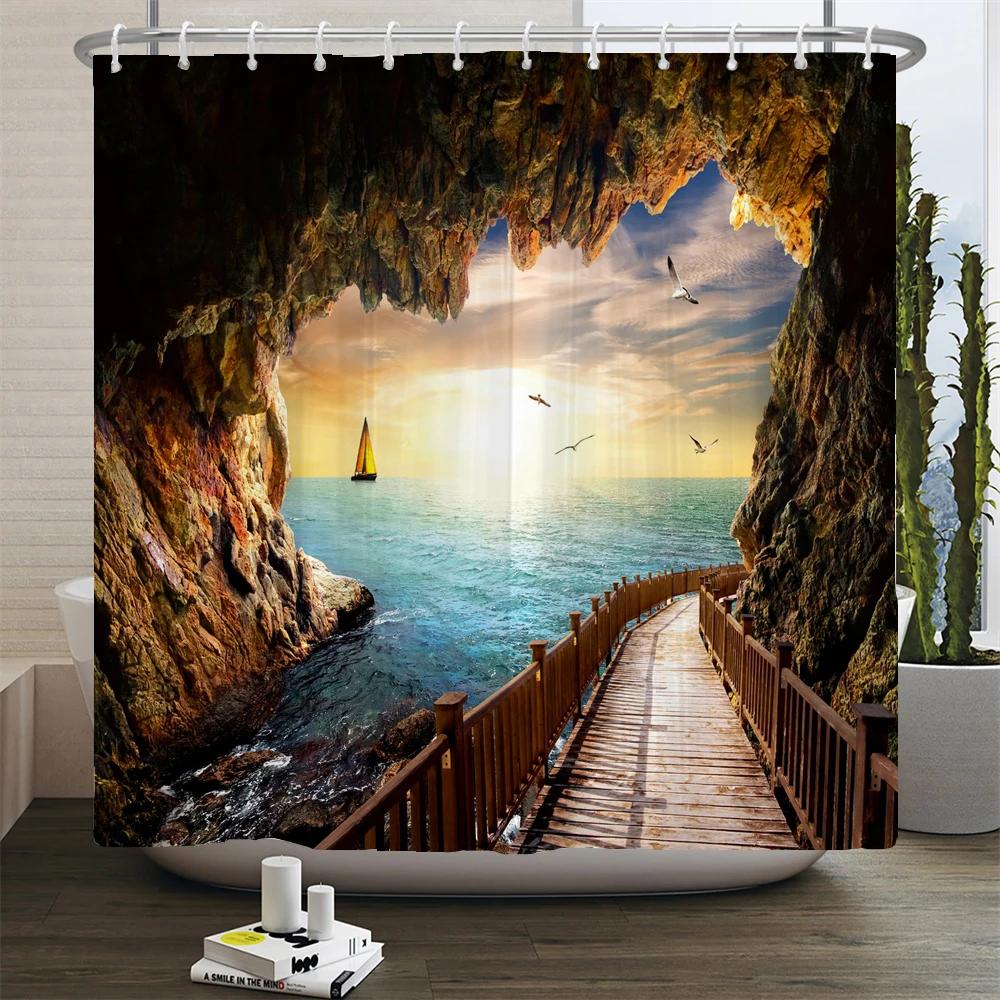 Sunlight Ocean Scenery Shower Curtains Decoration Waterproof Fabric Sunset Dusk Sea Dolphin Cowboy Bath Curtain Bathroom Screen