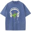 Music Forest Headset Men's Short-Sleeved  Washed T-Shirt 230g Cotton Bleached Tshirt Tops Fashion Loose Bleach T shirt