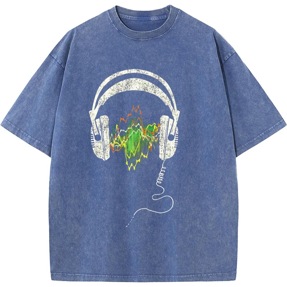 Music Forest Headset Men's Short-Sleeved Washed T-Shirt 230g Cotton Bleached Tshirt Tops Fashion Loose Bleach T shirt