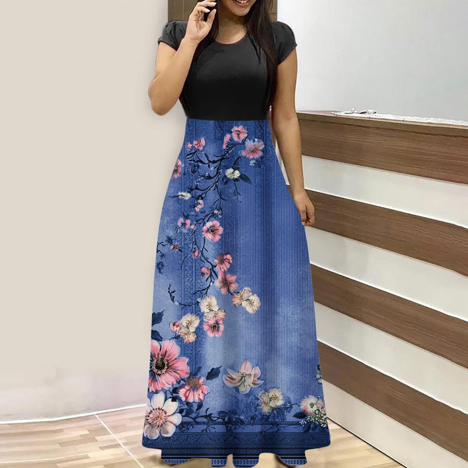 

Женская мода повседневные свободные принтованные платья с круглым вырезом и коротким рукавом длинные платья с коротким рукавом длинные платья L синий