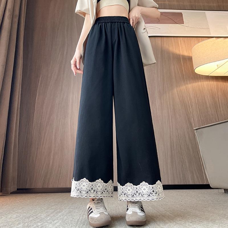 

Women s Wide-Leg Lace Trim High-Waist Drape Pants - Spring/Autumn Floor-Length Trousers M чёрный