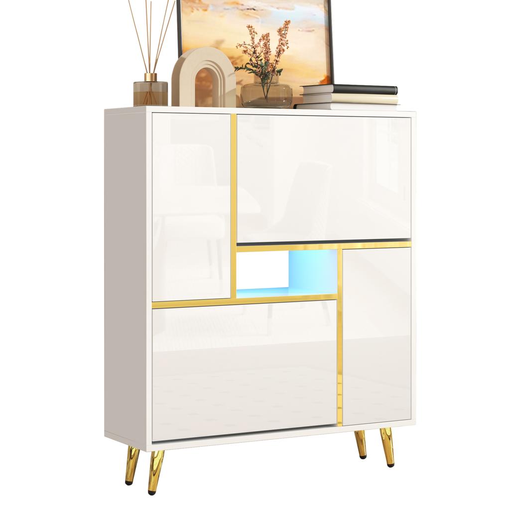 Modern Shoe Cabinet, White Shoe Cabinet with High-Gloss Front and 16-Color LED Light (80 x 25 x 96 cm)