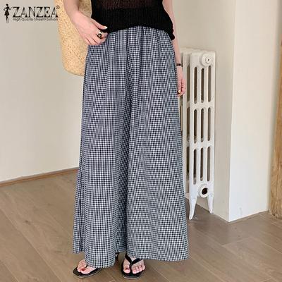 Summer Casual Elastic Waist Loose Wide Leg Plaid Print Pant For Women