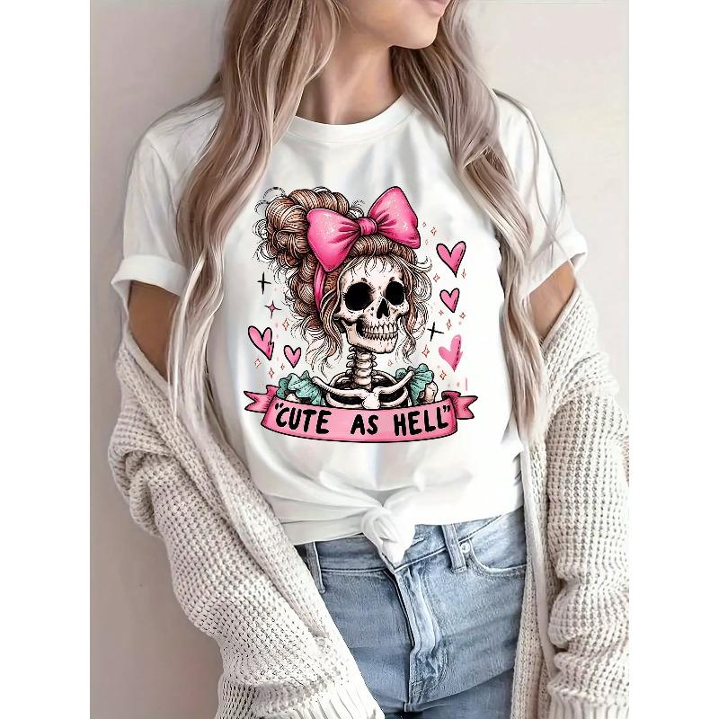 Europäische Größe Halloween Totenkopf Print Rundhals T-Shirt, Bequemes Kurzarm Freizeit Oberteil für Sommer & Frühling, Damenbekleidung