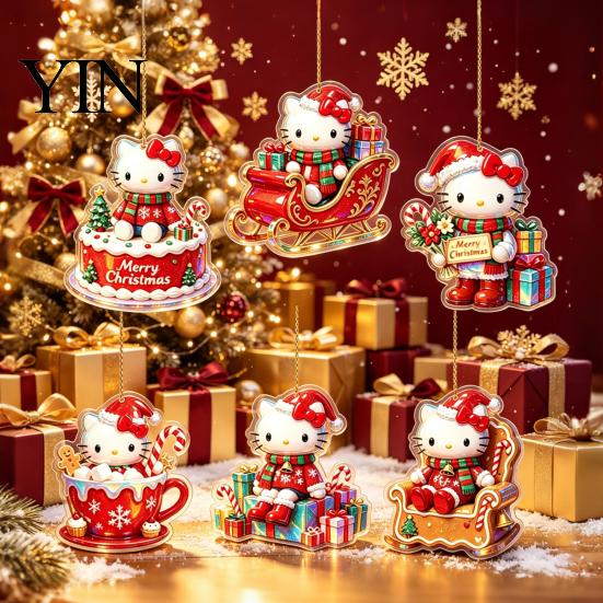 Acrylic Holiday Decoration Christmas Kitty Ornaments, 2D Flat Hanging Decorations, Cute Gift for Friends Cartoon Pendants Tree, Home Decor Tree
