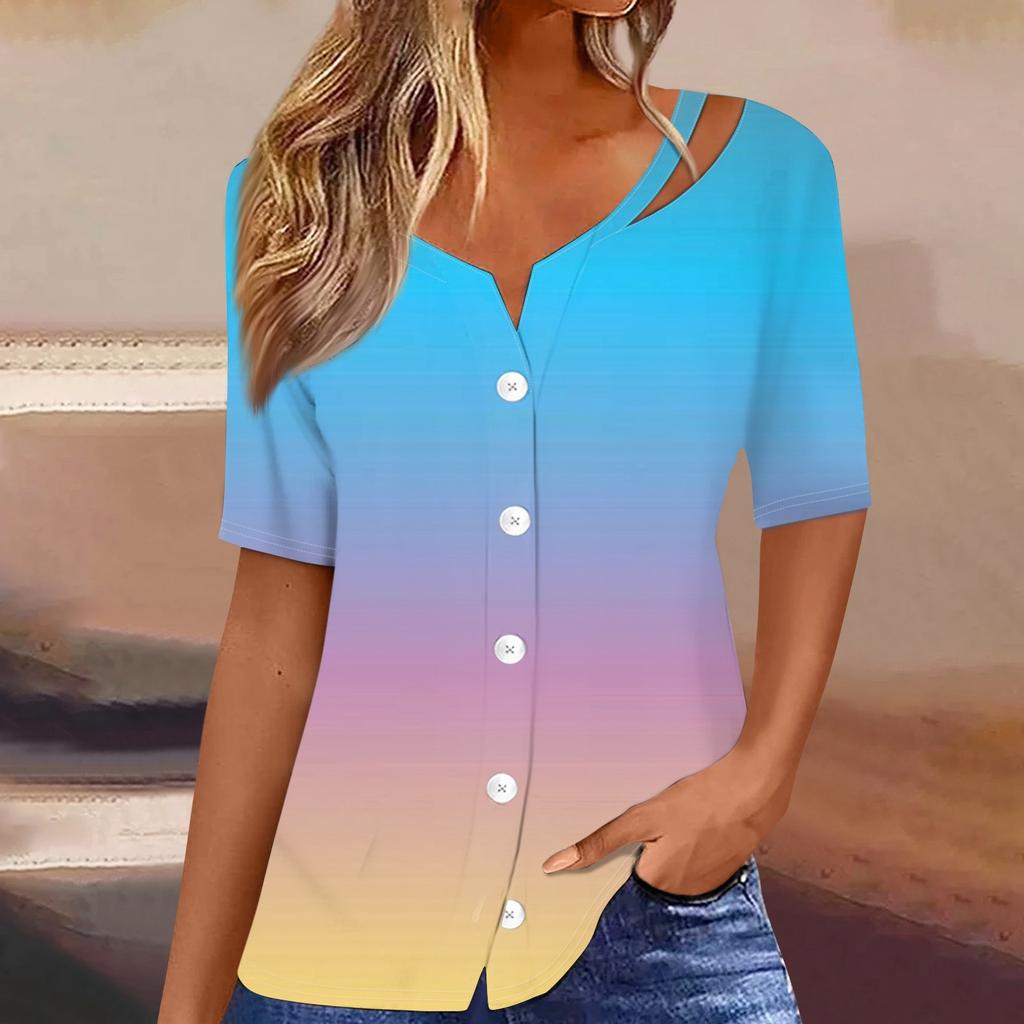 Damen T-Shirt mit Aufdruck, kurzärmelig, V-Ausschnitt, Knopfleiste, Strickjacke, T-Shirt, Top