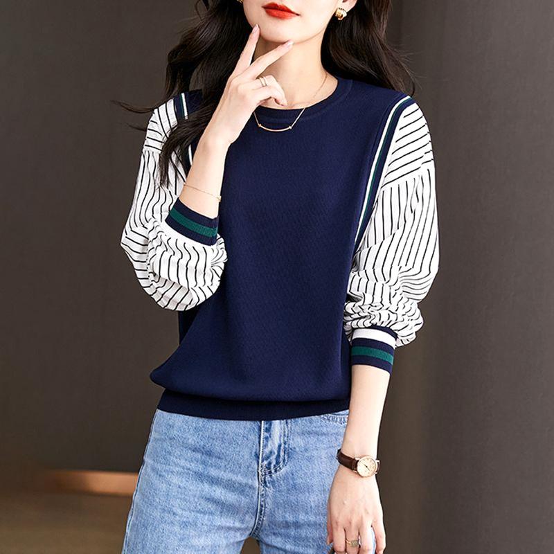 Thin Autumn Winter Striped Creative Patchwork Bottoming Fashion Simplicity Temperament Pullovers Women's Clothing 2022 Casual