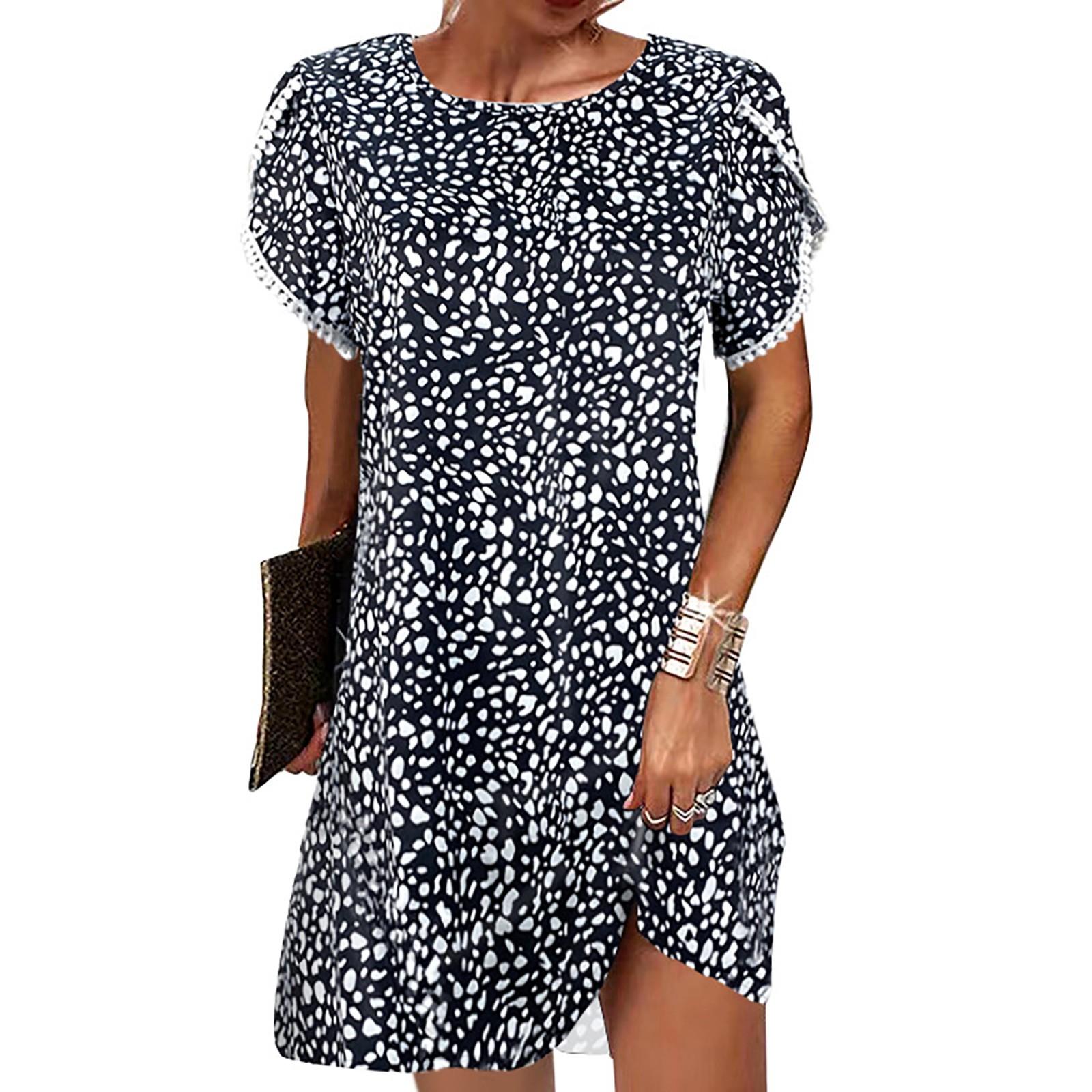 

Ladies Casual Sexy Printed Round Neck Short Sleeve Lace Trim Ladies Dress XL