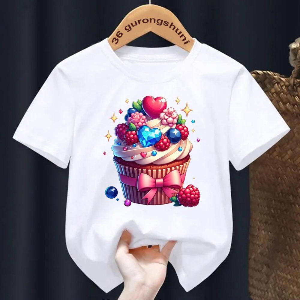 Erdbeerkuchen-Print T-Shirt Kinder Sommermode Kinder Cartoon T-Shirt Rundhals Kurzarm Mädchen T-Shirt Tops 1-14 Jahre