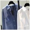 Spring Women's Clothing Shirt Medium Long Containing Cotton Shirt Loose Fit Long Sleeve Double Pocket Rolled Sleeve Thin Blouse