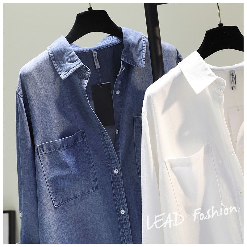 Spring Women's Clothing Shirt Medium Long Containing Cotton Shirt Loose Fit Long Sleeve Double Pocket Rolled Sleeve Thin Blouse