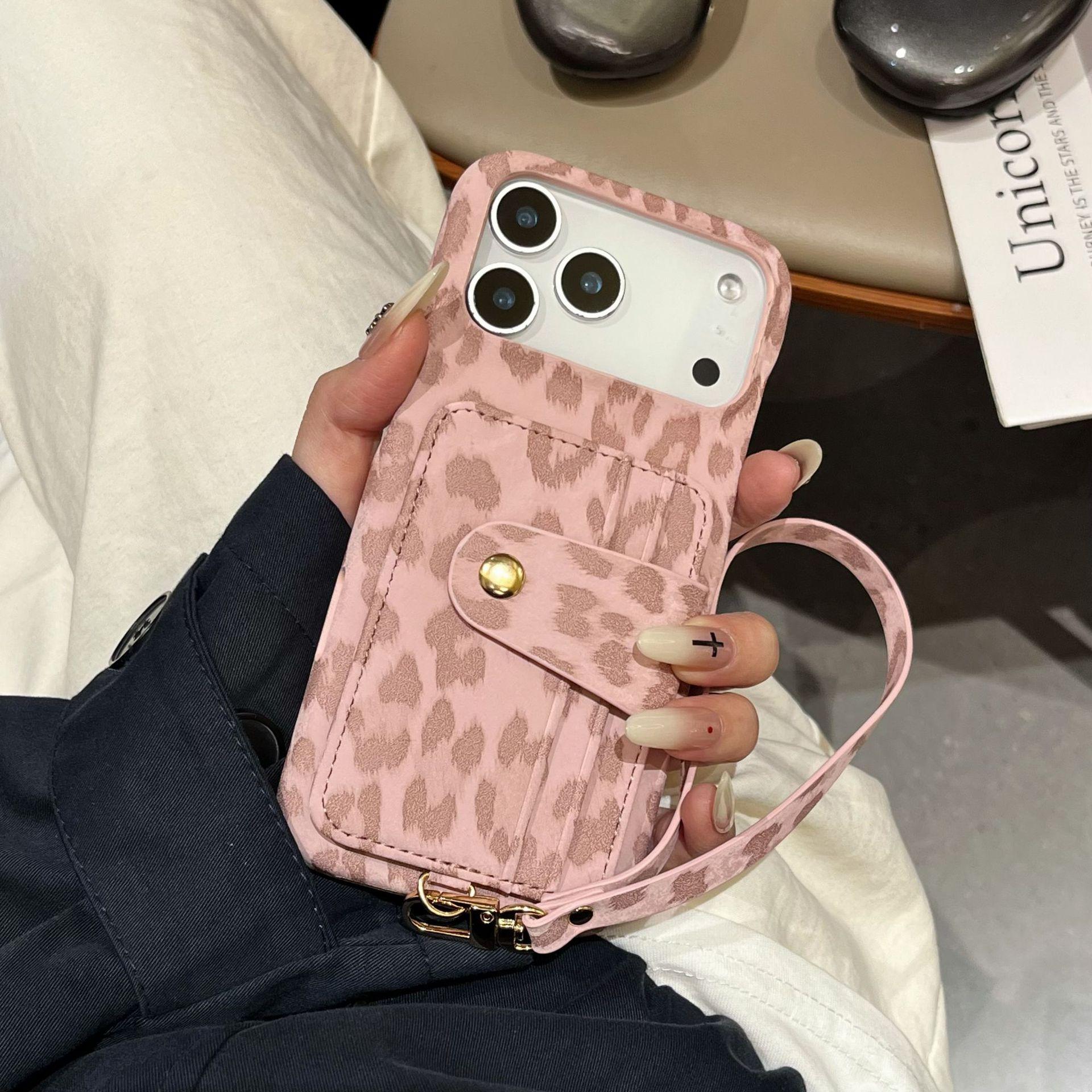 Retro Leopard Print Card Holder Phone Case with Wrist Strap, Shockproof Protective Cover for IPhone 17 Pro Max 16 iPhone11 розовый