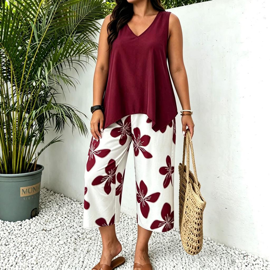 European and American cross-border TK Amazon Temu hot sale 2026 summer sleeveless V-neck top wide-leg cropped pants two-piece set
