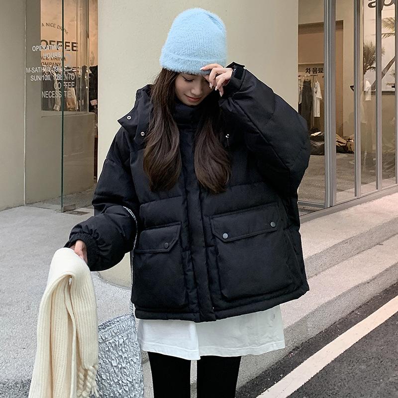 

Short versatile hooded cotton jacket girl 2025 winter new junior high school and high school students loose down padded jacket S чёрный