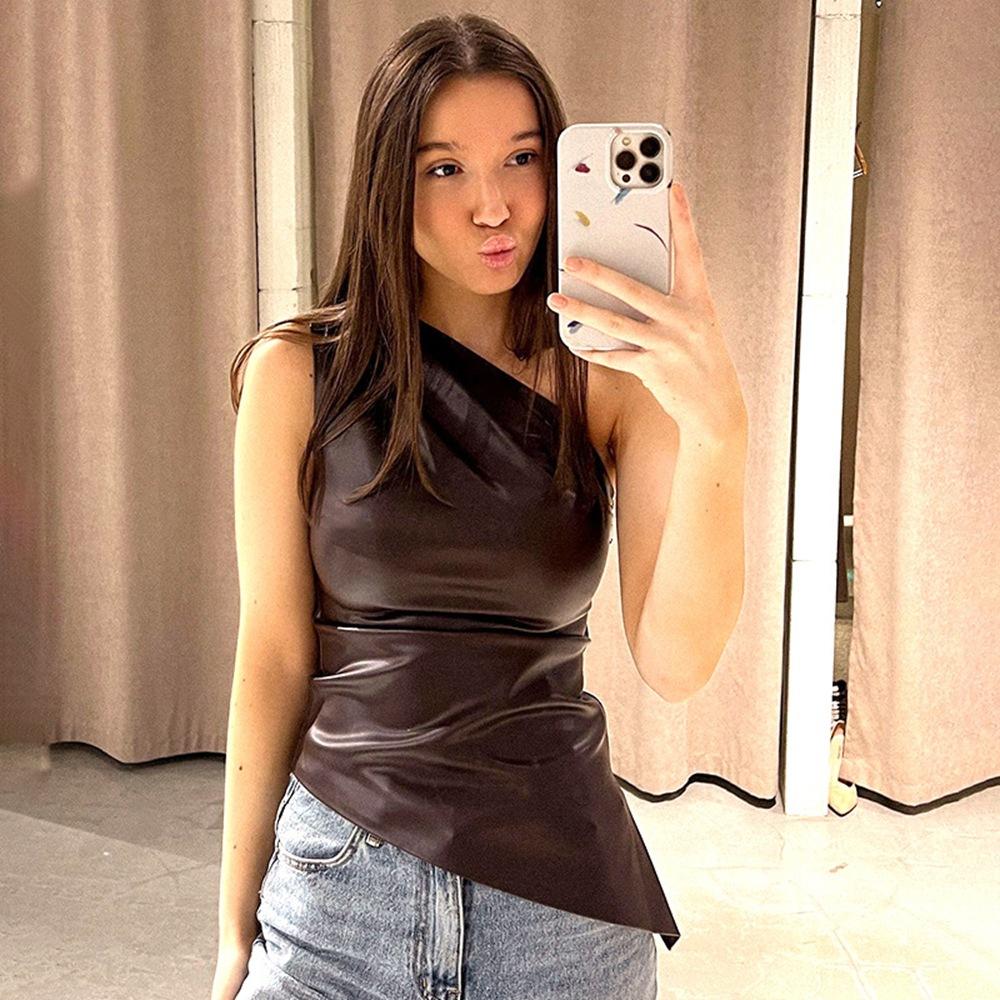 Women's Single Shoulder Sleeveless Vest, Autumn New Solid Color Slim-fitting Diagonal Neck Zipper Slim Top