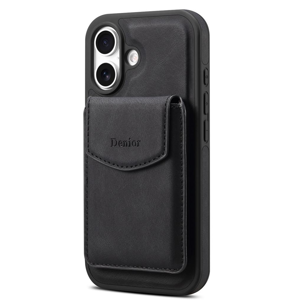 DENIOR D19 For iPhone 16 Magnetic Case Leather+PC+TPU Cover with Detachable Card Bag