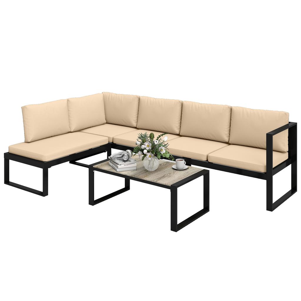 4-Piece Garden Furniture Set, Sofa Set with 2 Two-Seaters, Armless Chair, Coffee Table, for Balcony, Khaki