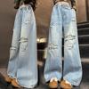 2025 Trendy Girls' Ripped Loose Straight-Leg Jeans: Spring/Autumn Style for Tweens and Teens.