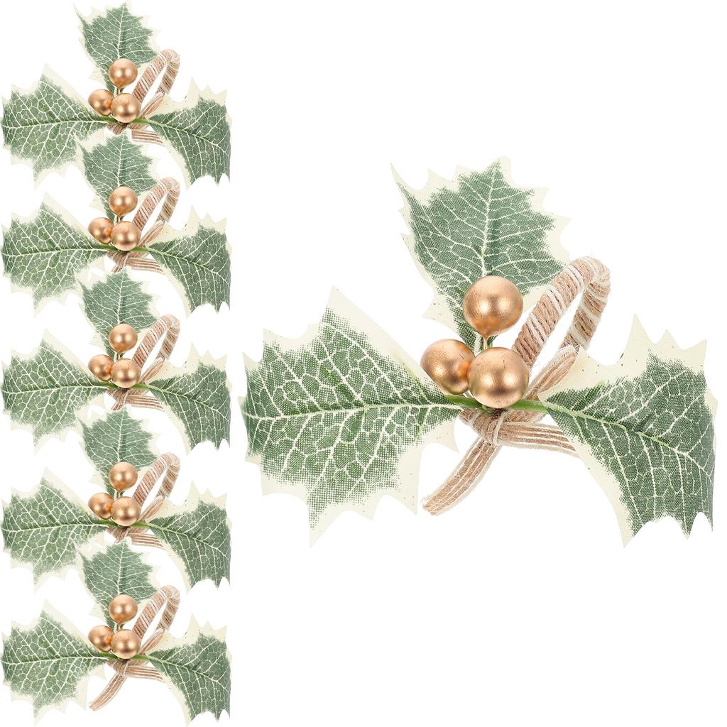 6pcs Napkin Rings Christmas Table Decor Berry Leaf Design Serviette Clasps For Party Dining Home Xmas Decoration