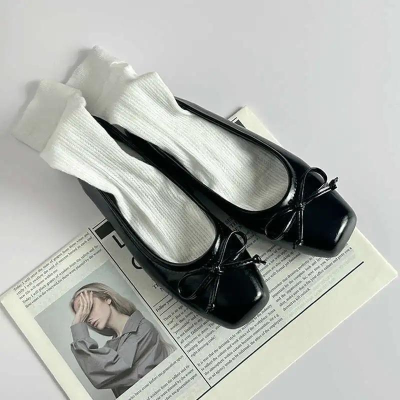Silver Ballet Flats Women's Spring New Butterfly Knot Slip-On Shoes Round Toe Rubber Bottom Simple Style Casual Loafers