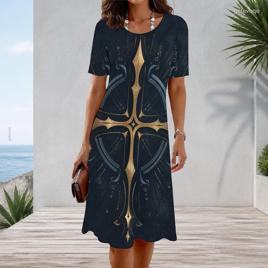 Women Plus Size Round Neck Short Sleeve Red Blue Star Printed A Line Midi Dress