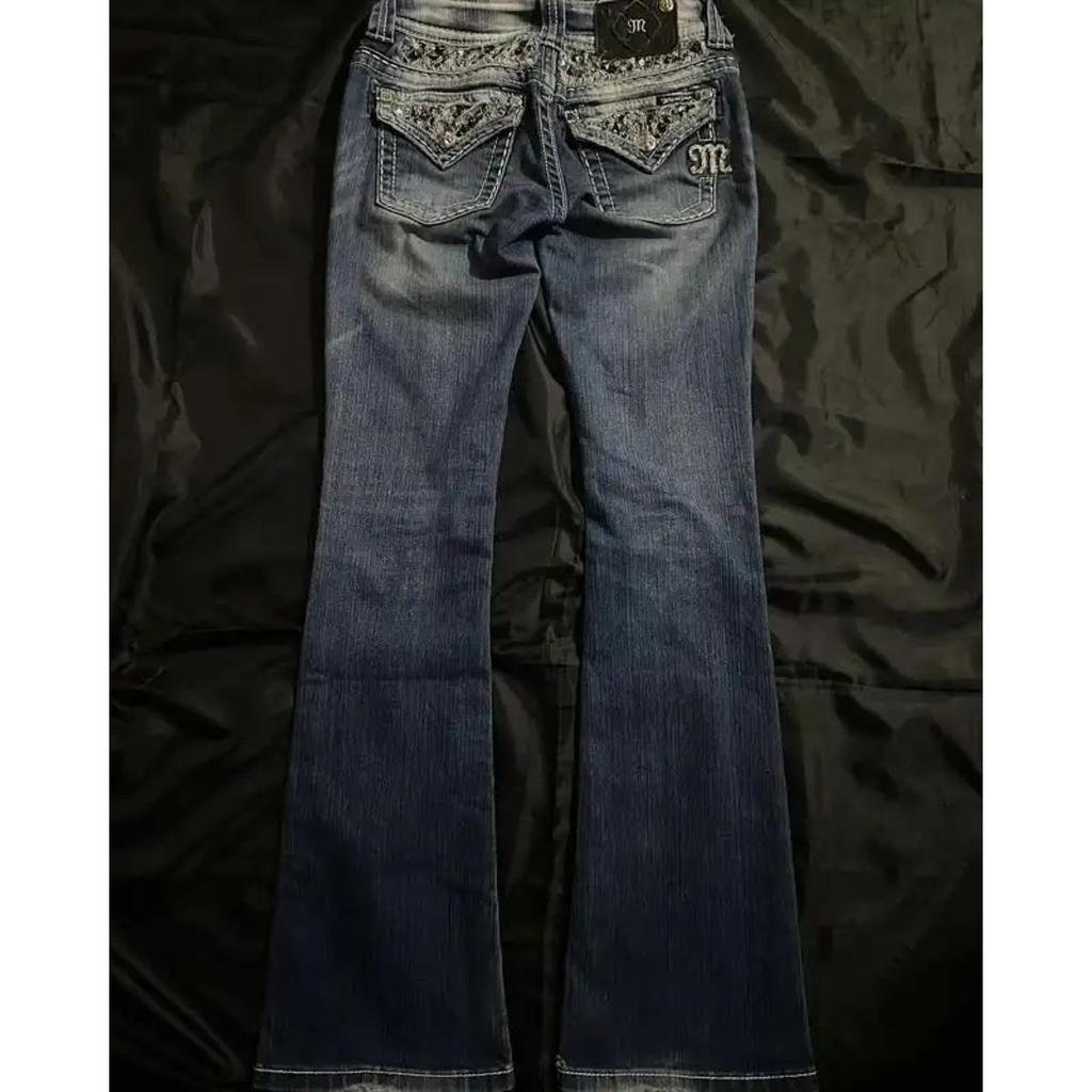 RogueWave Streetwear Vintage Jeans Ubrania Y2K Damskie Vintage Kieszeń Pasek Sequin Spodnie Jeansowe Baggy Niebieskie Prane Średni Stan Dopasowany Krój Spodnie