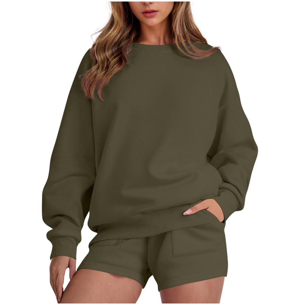 Women's Fashion Sportswear Casual Long-Sleeved Pullover Sweatshirt Drawstring Shorts Set