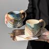 Coarse Ceramic Coffee Mugs, 320ml, Large Capacity, Wide Bottom, Transmutation Glaze Craft, Handmade Pottery Mug, Tea Cups with Hemp Rope Handle