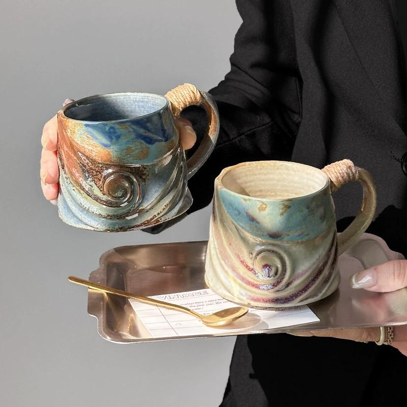 Coarse Ceramic Coffee Mugs, 320ml, Large Capacity, Wide Bottom, Transmutation Glaze Craft, Handmade Pottery Mug, Tea Cups with Hemp Rope Handle