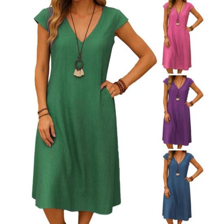 Casual Beach V Neck Short Sleeve A Line Sundress Women Summer Cotton Linen Midi Dress with Pockets