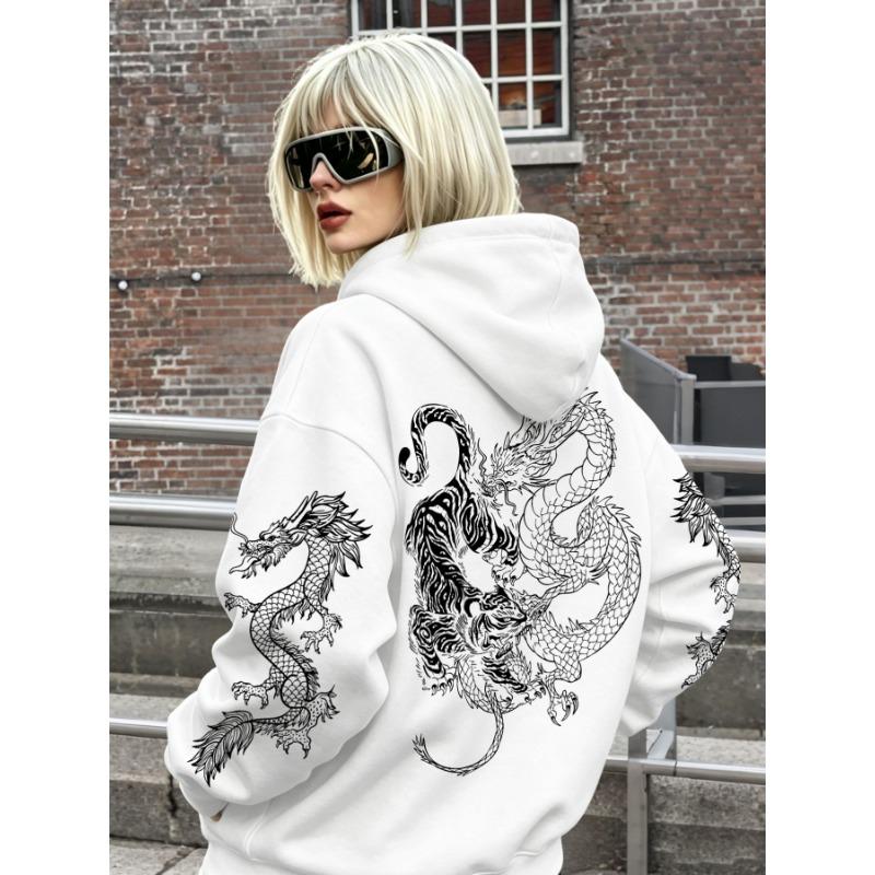 National Style Dark Dragon and Tiger Totem Hooded Sweatshirt! Chinese Style Trendy Dragon Print Unisex Hoodie