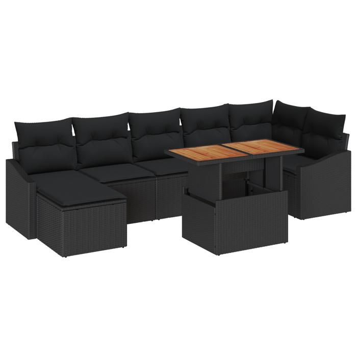 VidaXL Set de salle à manger de jardin de 8 pièces avec coussins en poly rattan noir et acacia 3349869