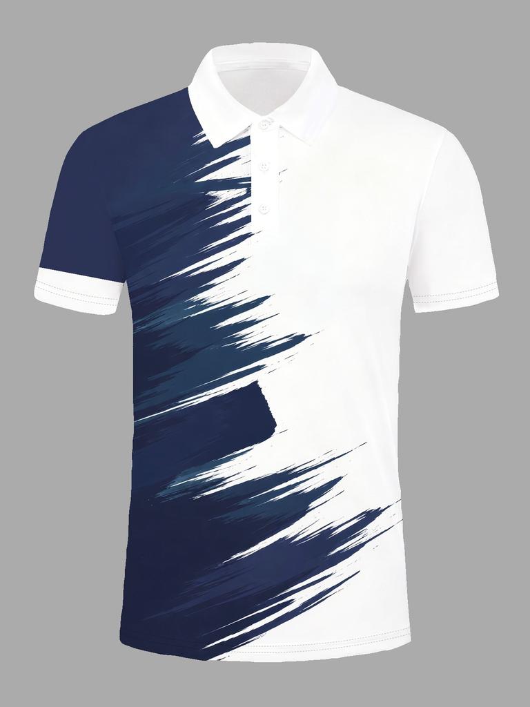 Men's Short-Sleeve Polo Shirt, Casual Print, Suitable for Golf, Color-Block Pattern, Sporty Style, Perfect Choice for Summer