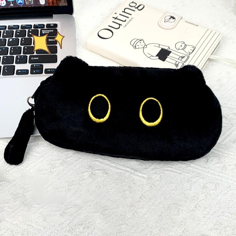 Simplicity Federmäppchen mit schwarzer Plüschkatze, Federtasche, hohe Kapazität, Aufbewahrungstasche für Schreibwaren, Schule, Schüler, Kosmetik