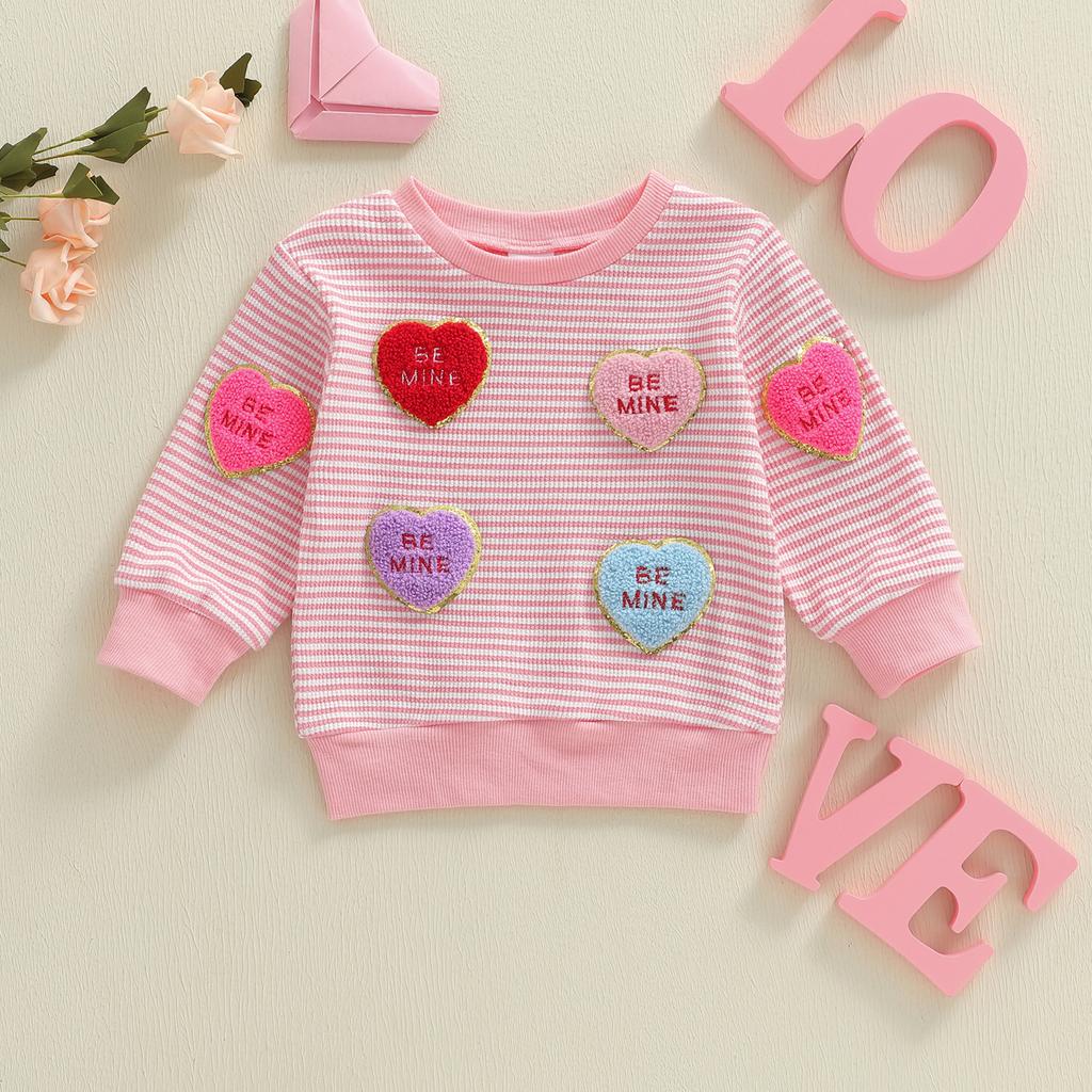 Kids Baby Girls Valentine's Day Sweatshirt Stripe Heart Embroidery Loose Fit Casual Crew Neck Long Sleeve Pullover